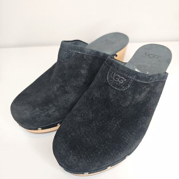 Ugg Women's Black Wooden Studded Heel Suede Heels Size 6 Fleece‎ Lined - Picture 2 of 6
